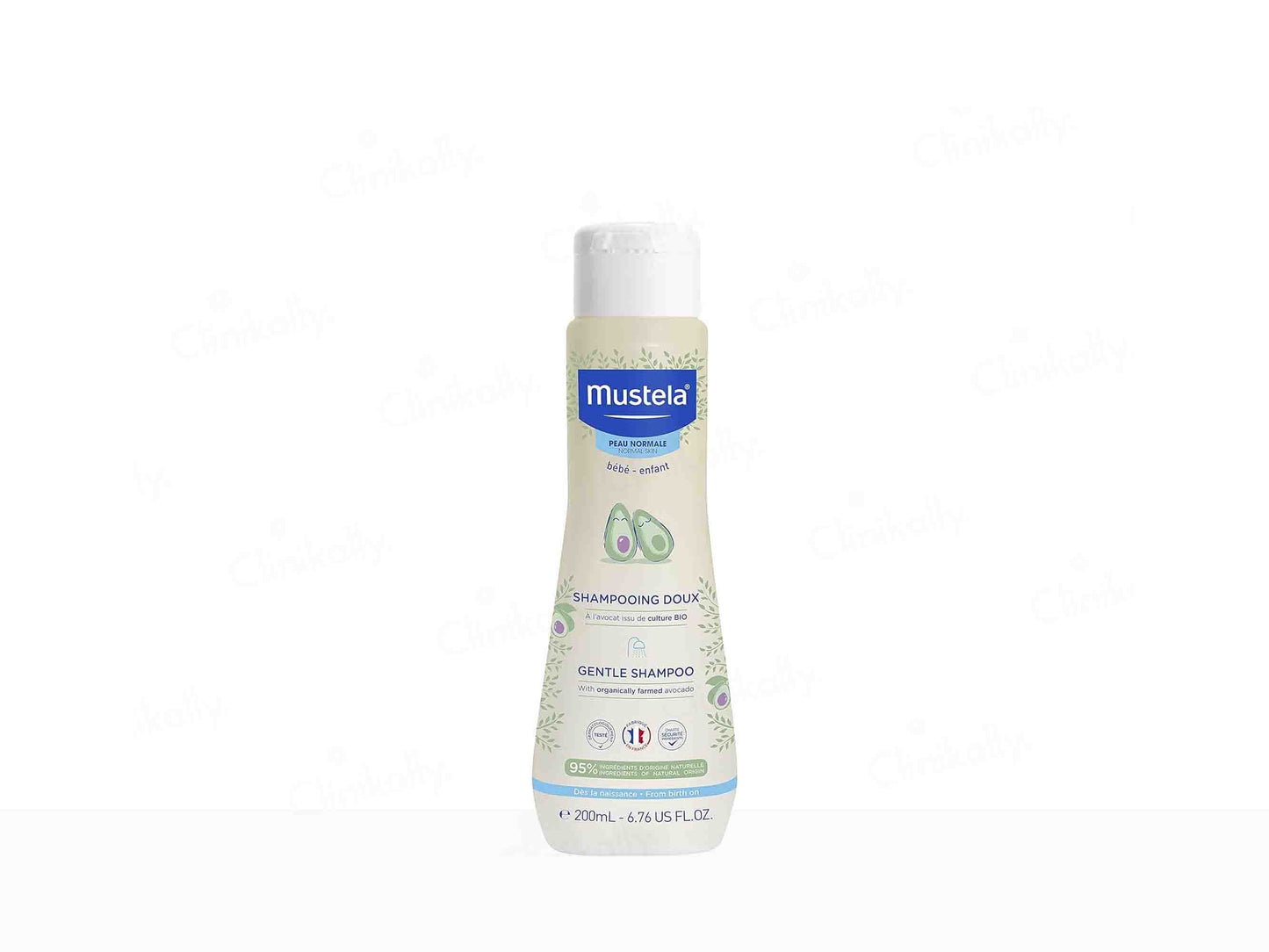 Mustela baby shampoo bottle on a white background