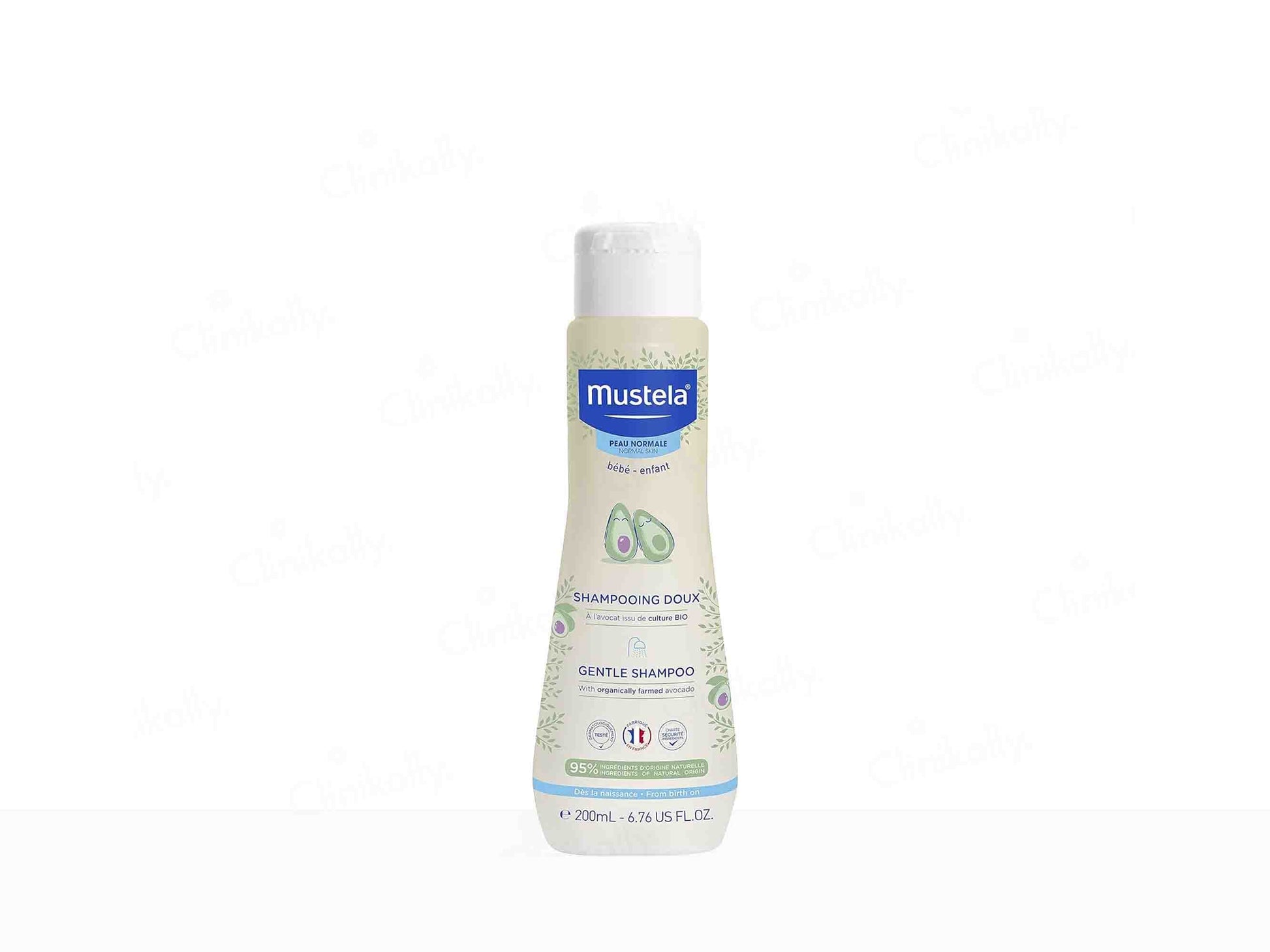 Mustela baby shampoo bottle on a white background