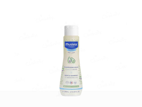 Mustela baby shampoo bottle on a white background