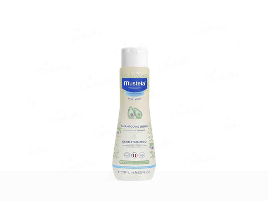 Mustela baby shampoo bottle on a white background