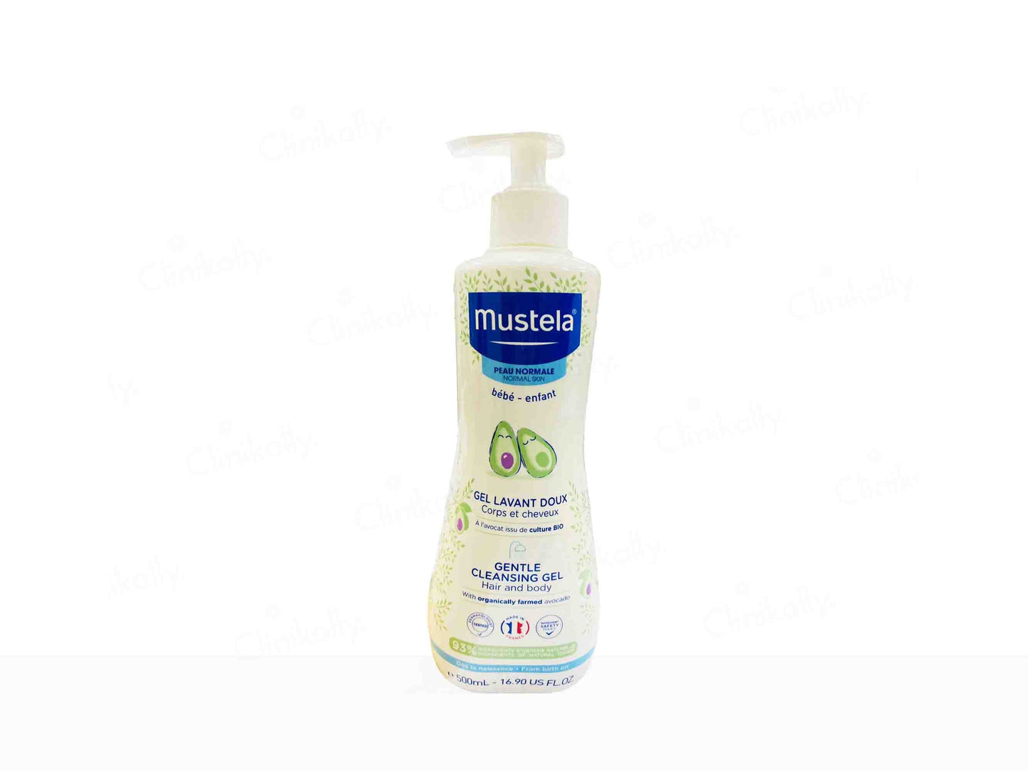 Mustela baby cleansing gel bottle on a white background