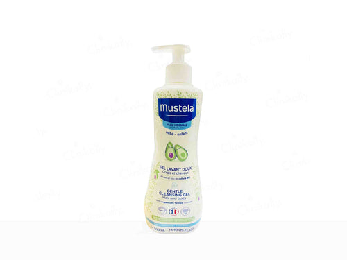 Mustela baby cleansing gel bottle on a white background