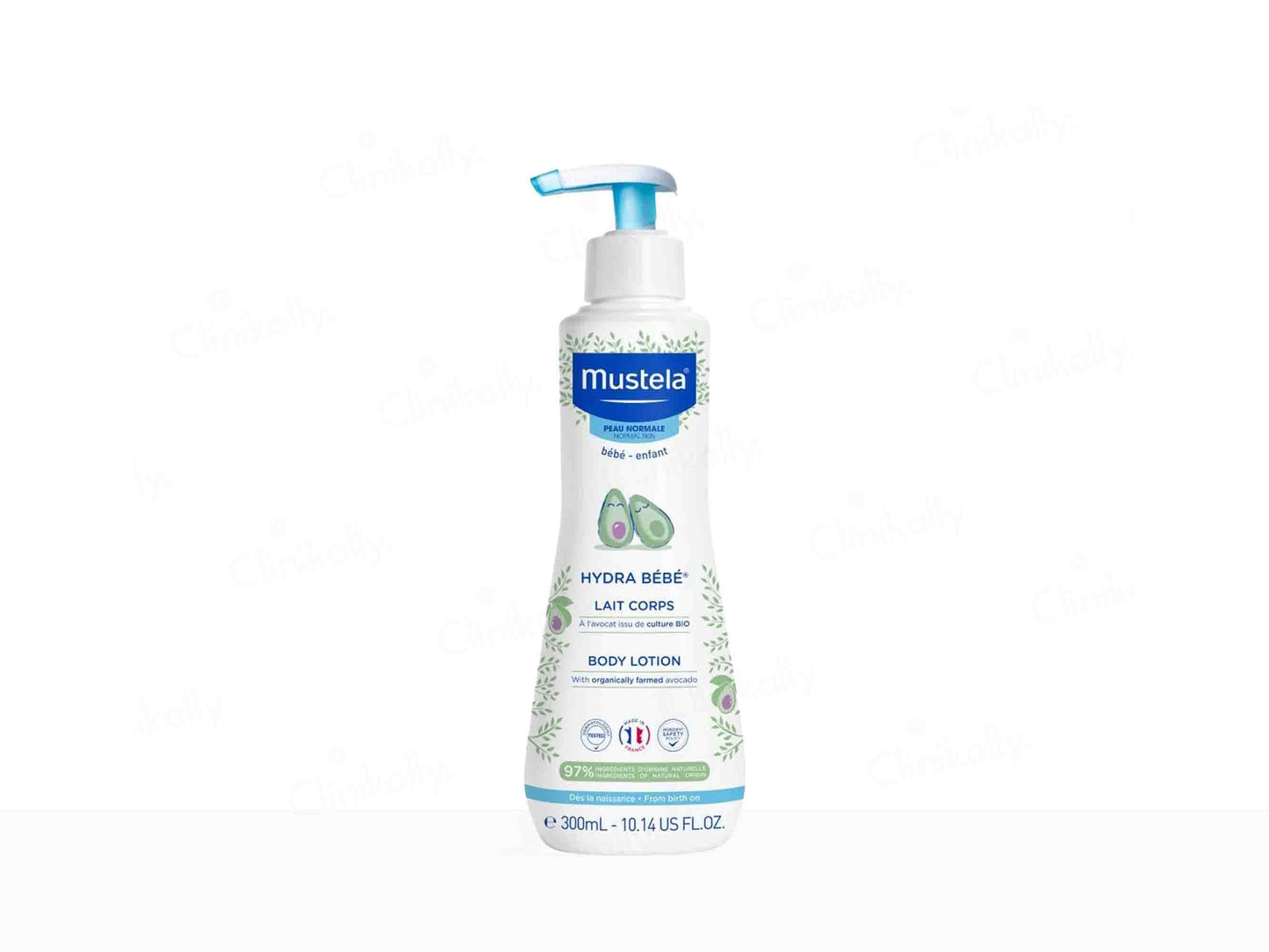 Mustela body lotion bottle on a white background