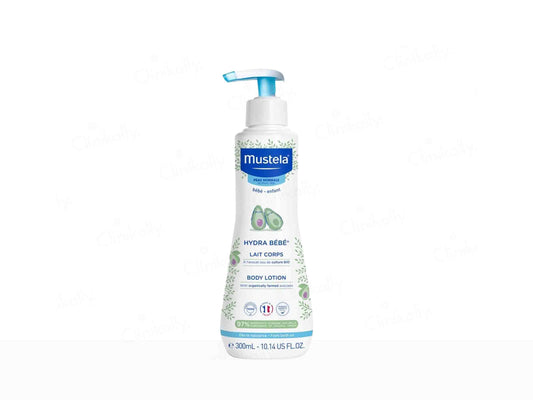 Mustela body lotion bottle on a white background