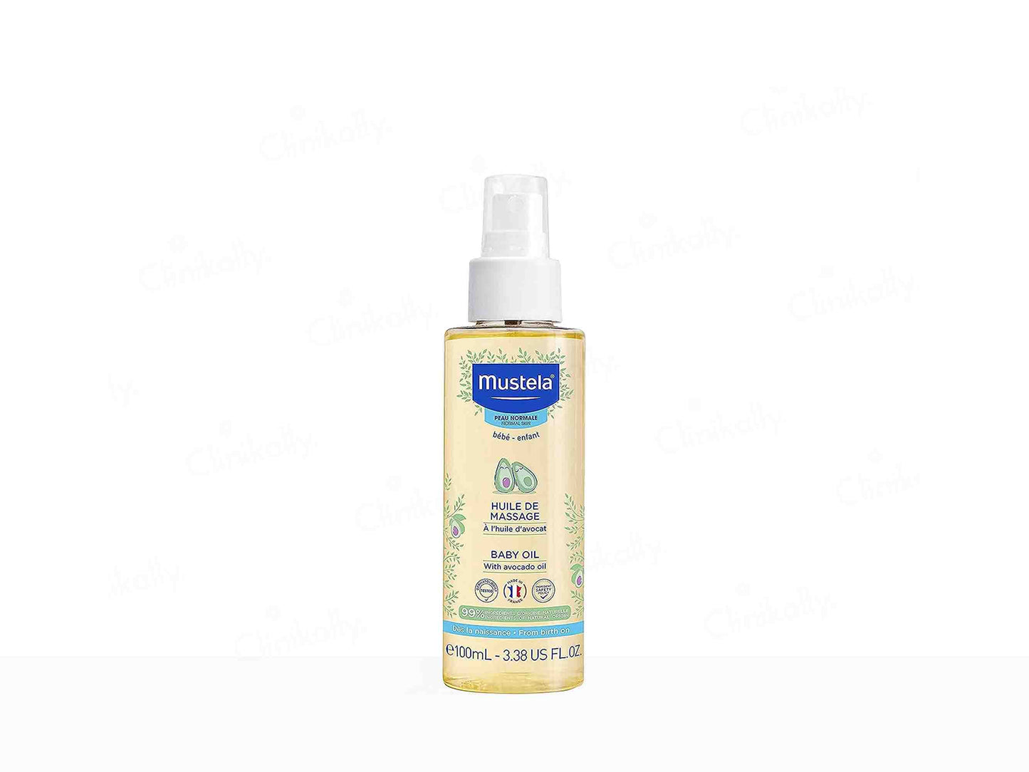 Mustela baby oil spray bottle on a white background