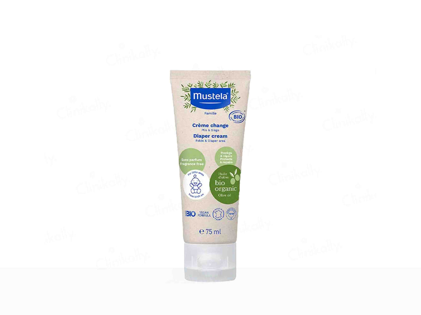 Mustela diaper cream tube on a white background