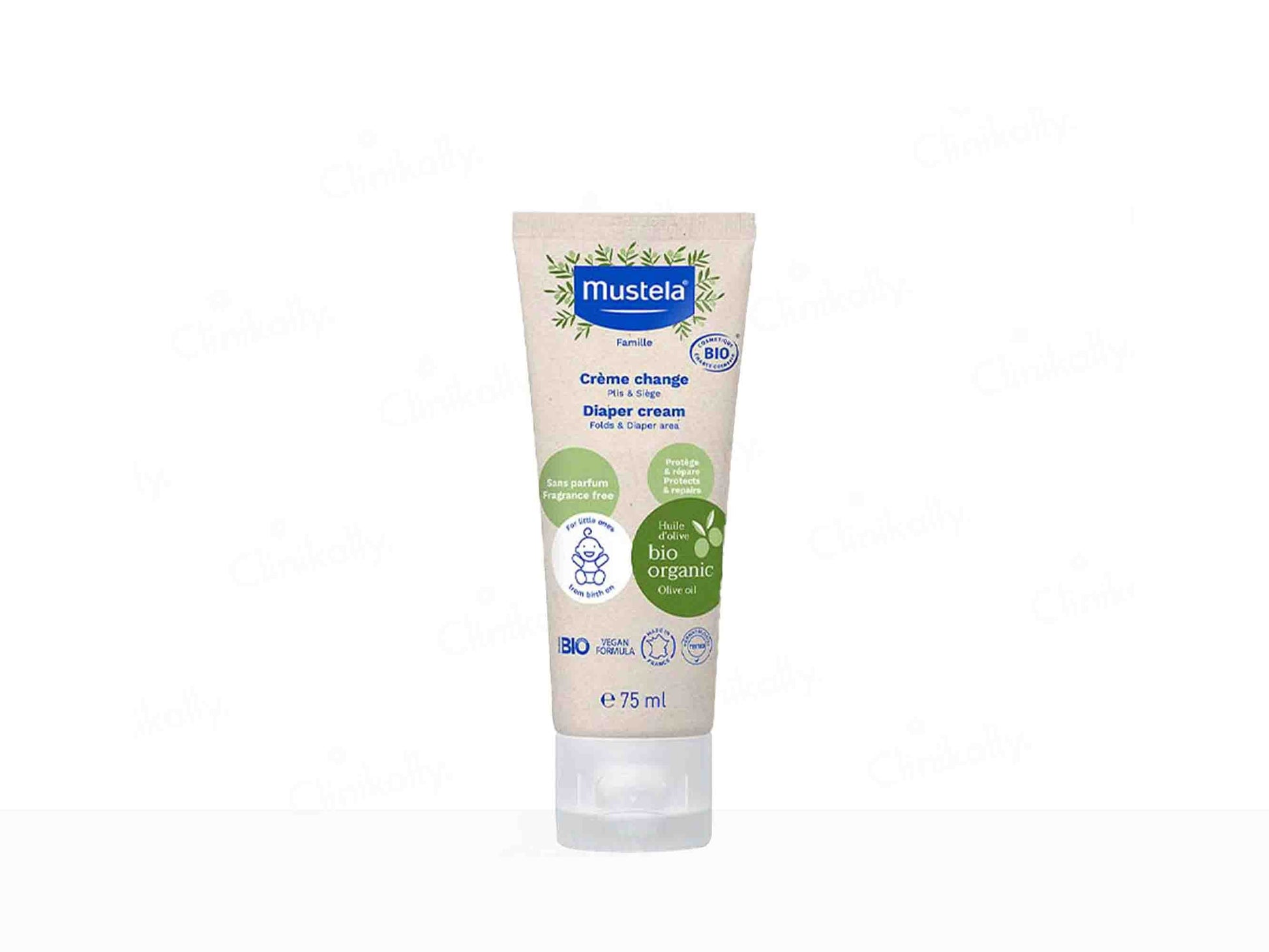 Mustela diaper cream tube on a white background