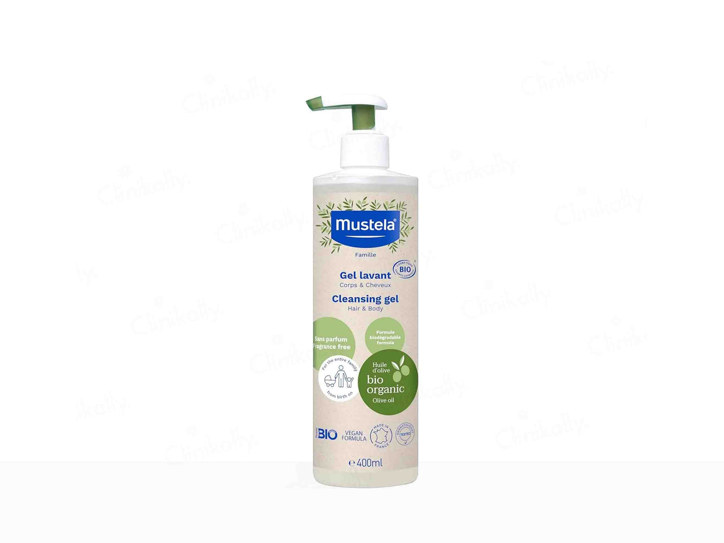Mustela cleansing gel bottle on a white background