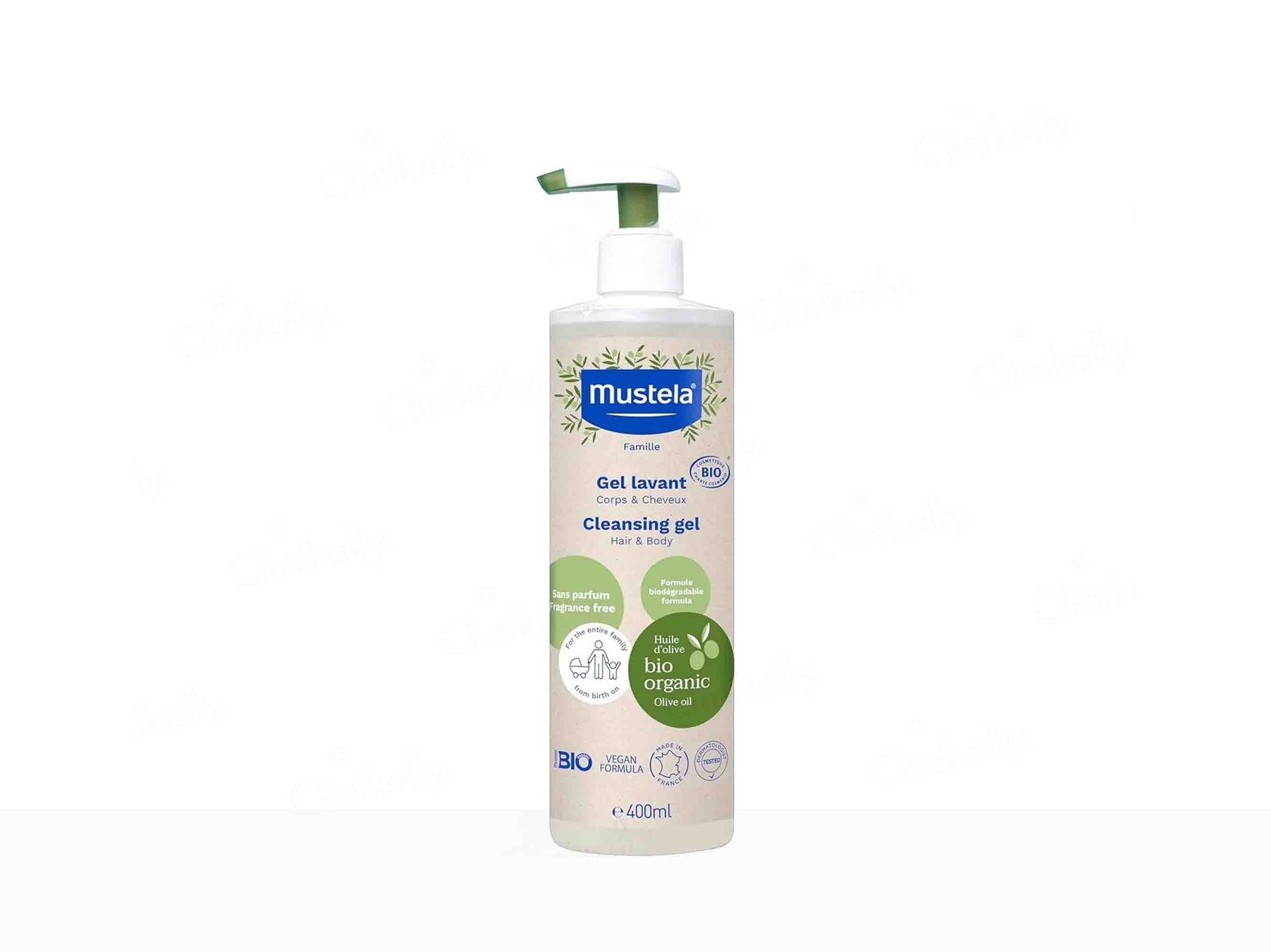 Mustela cleansing gel bottle on a white background