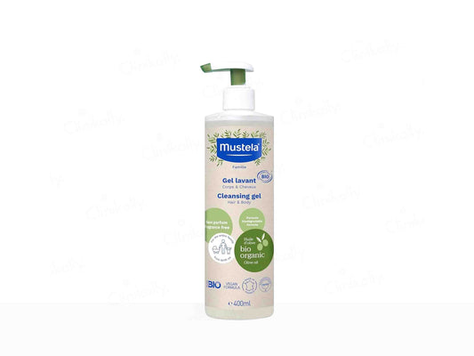 Mustela cleansing gel bottle on a white background