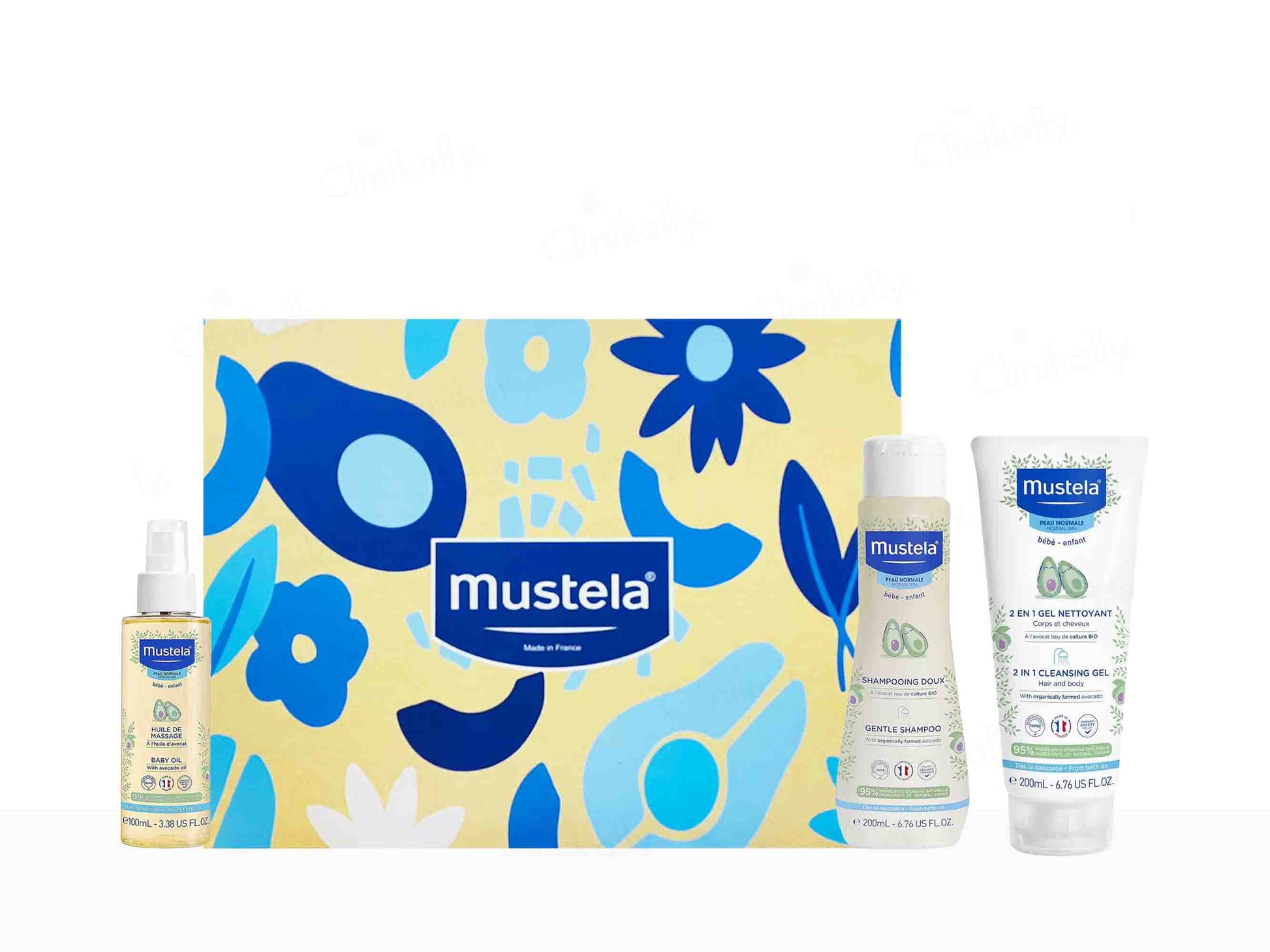 Mustela baby care products with a decorative box on a white background