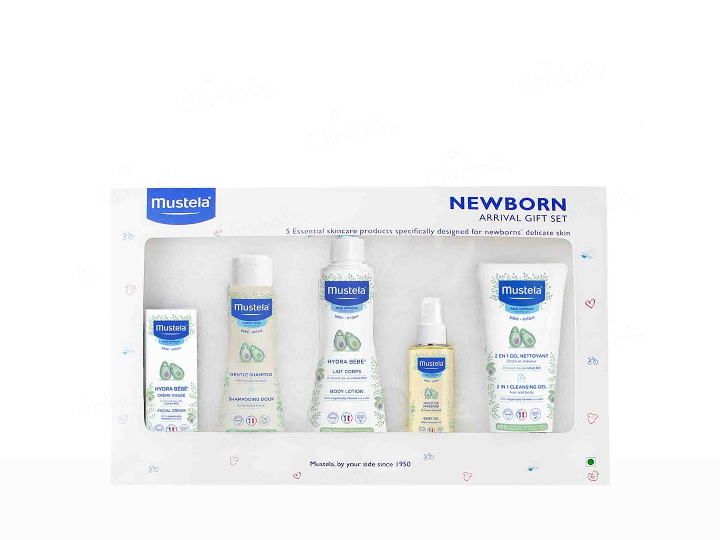 Mustela newborn gift set packaging with baby care products on a white background