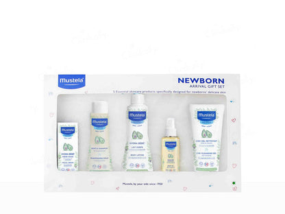 Mustela newborn gift set packaging with baby care products on a white background