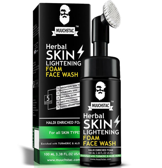 Herbal Skin Lightening Foam Face Wash packaging with bottle and box on a white background