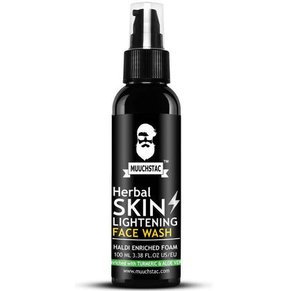 Bottle of Herbal Skin Lightening Face Wash with M MUCHSTAC branding on a white background