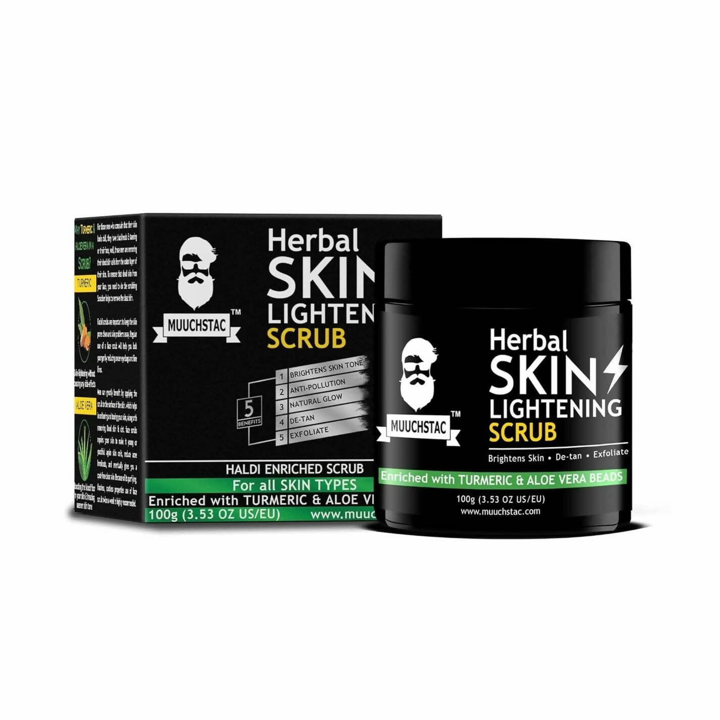 Herbal Skin Lightening Scrub packaging with black container and box on a white background