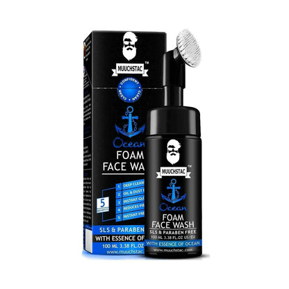 Muchstac Ocean Foam Face Wash with packaging and brush on a white background