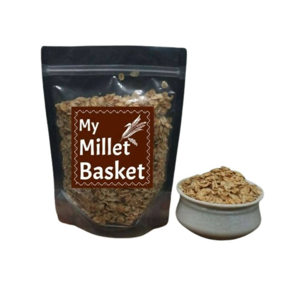 Bag of 'My Millet Basket' with a bowl of millet on a white background