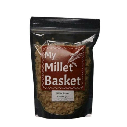 Bag of 'My Millet Basket' white jowar flakes on a white background