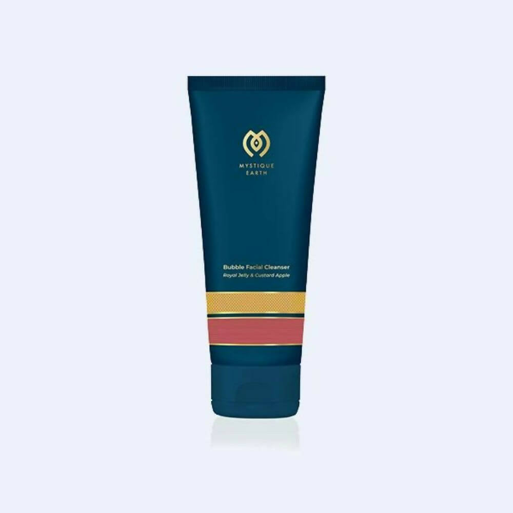 Facial cleanser tube with colorful label on a light blue background