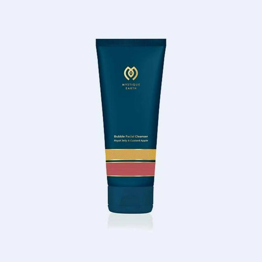 Facial cleanser tube with colorful label on a light blue background