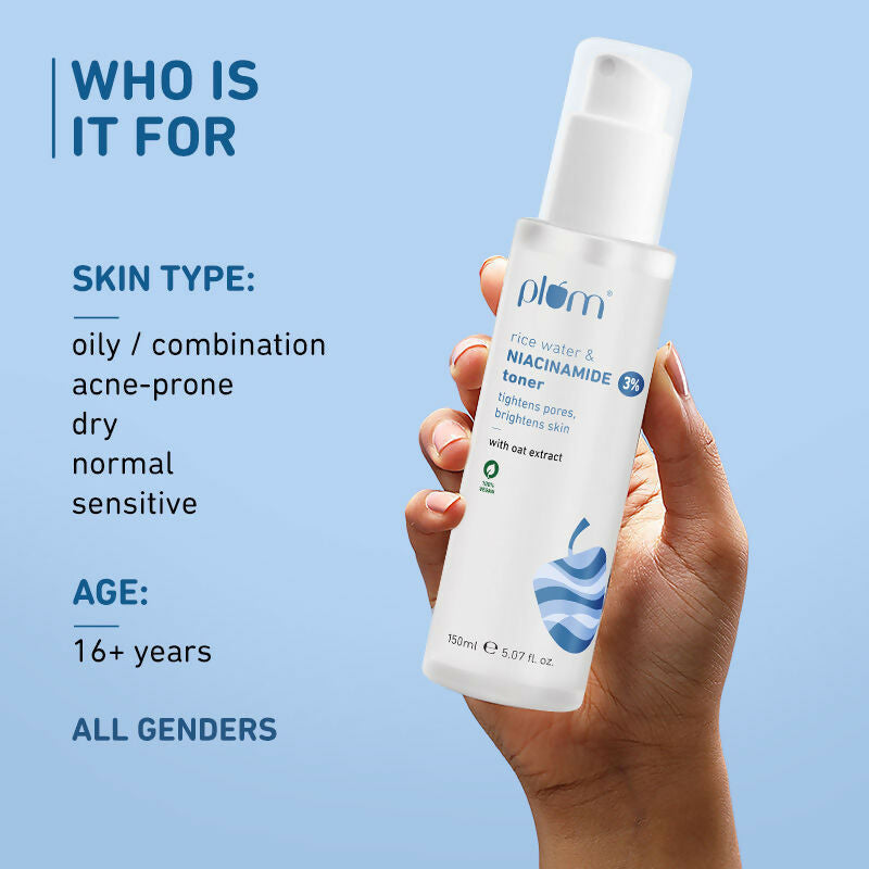 Plum 3% Niacinamide Alcohol-Free Toner With Rice Water and 10% Niacinamide Brightening Face Serum Combo