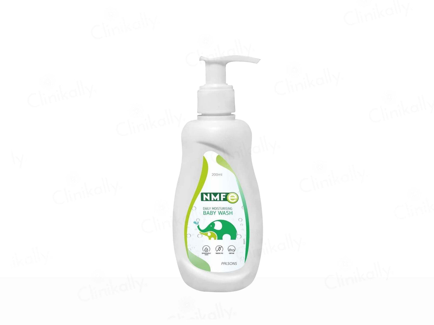 White bottle of baby wash with a pump and green label on a white background