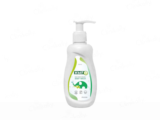 White bottle of baby wash with a pump and green label on a white background