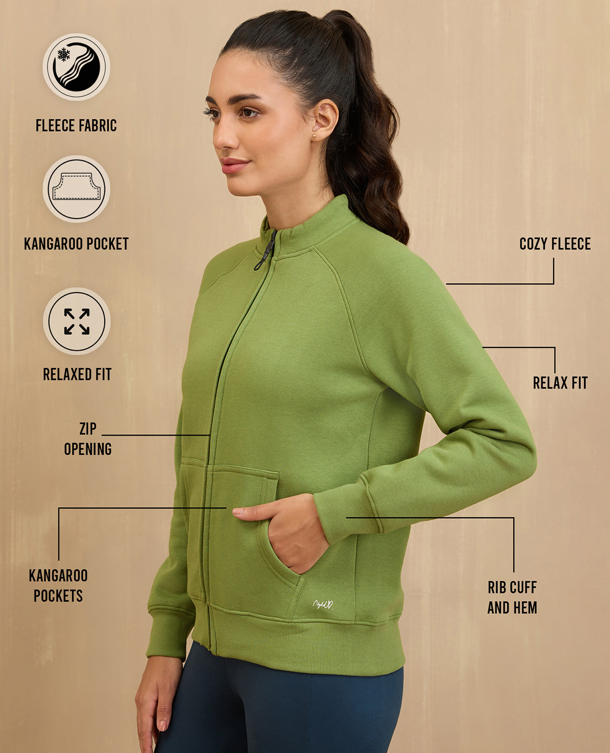 NYKD By Nykaa Cozy Fleece Zippered Jacket -NYLE704-Green