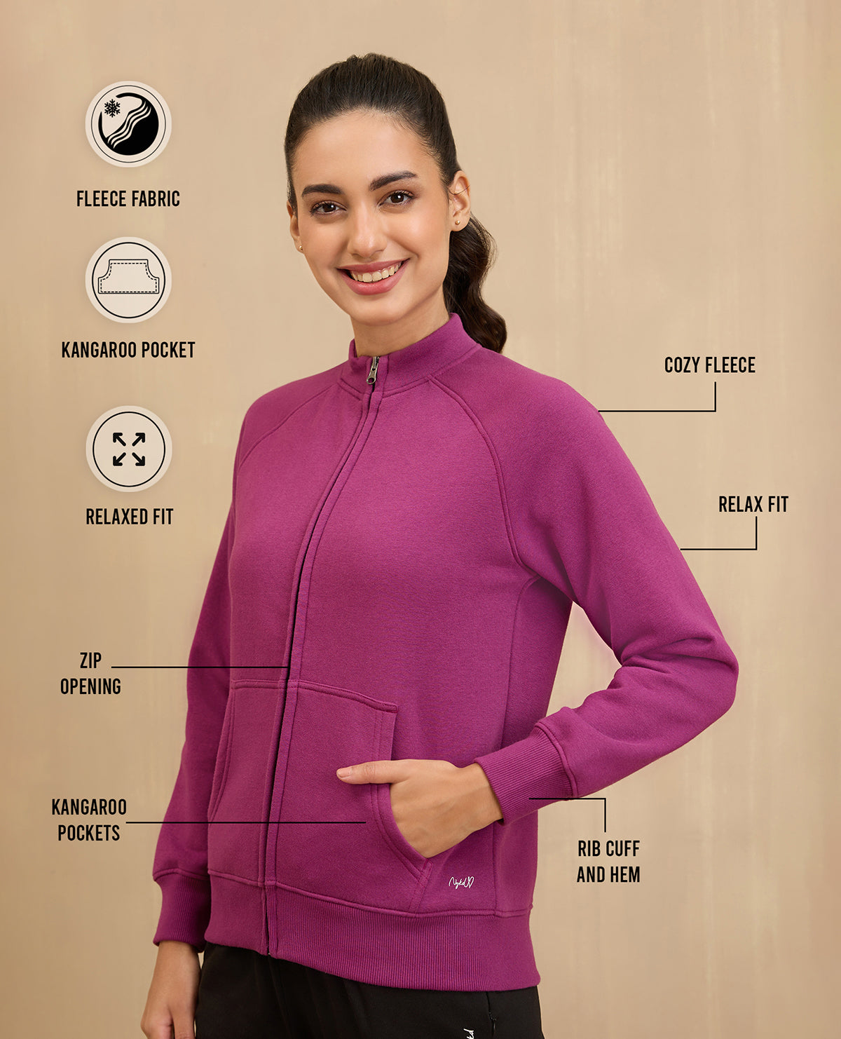 NYKD By Nykaa Cozy Fleece Zippered Jacket -NYLE704-Maroon