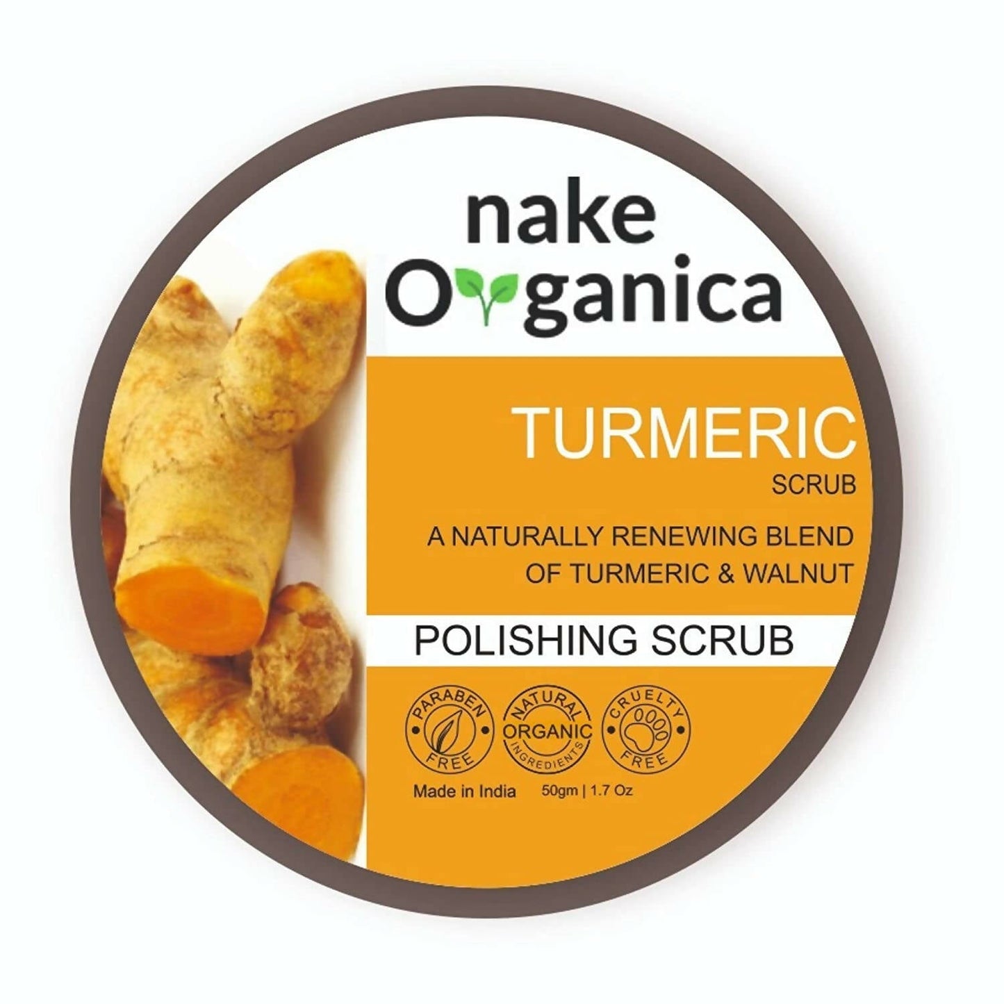 Nake Organica Turmeric Scrub packaging with turmeric root on a white background