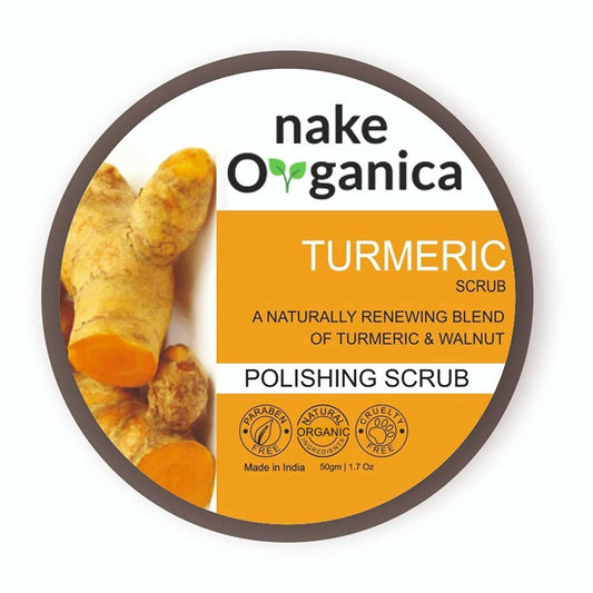 Nake Organica Turmeric Scrub packaging with turmeric root on a white background
