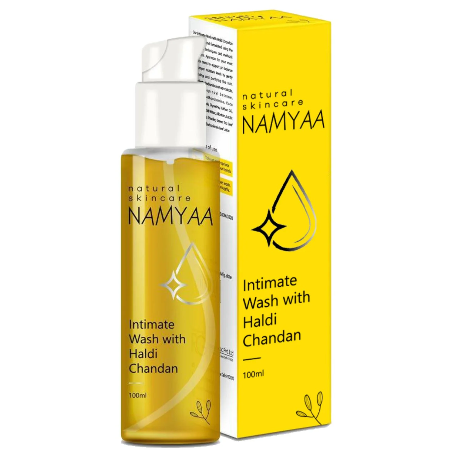 The image shows a yellow-colored packaging for Namyaa Intimate Wash with Haldi Chandan. The box is visible with product information, and a clear bottle of the wash is displayed in front, indicating the texture and color of the product.