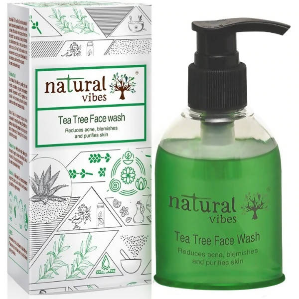 Green bottle of natural vibes Tea Tree Face Wash with packaging on a white background