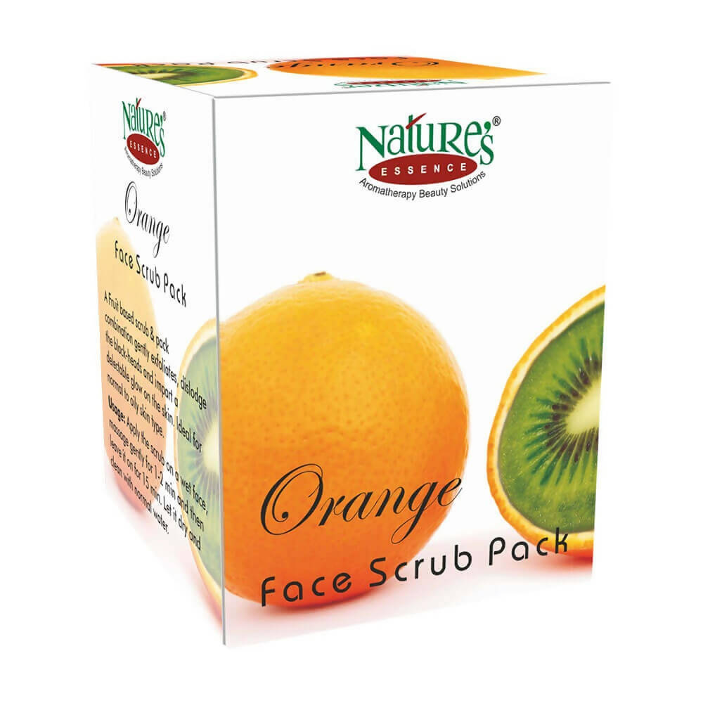 Box of Nature's Essence Orange Face Scrub Pack with an orange and kiwi on a white background