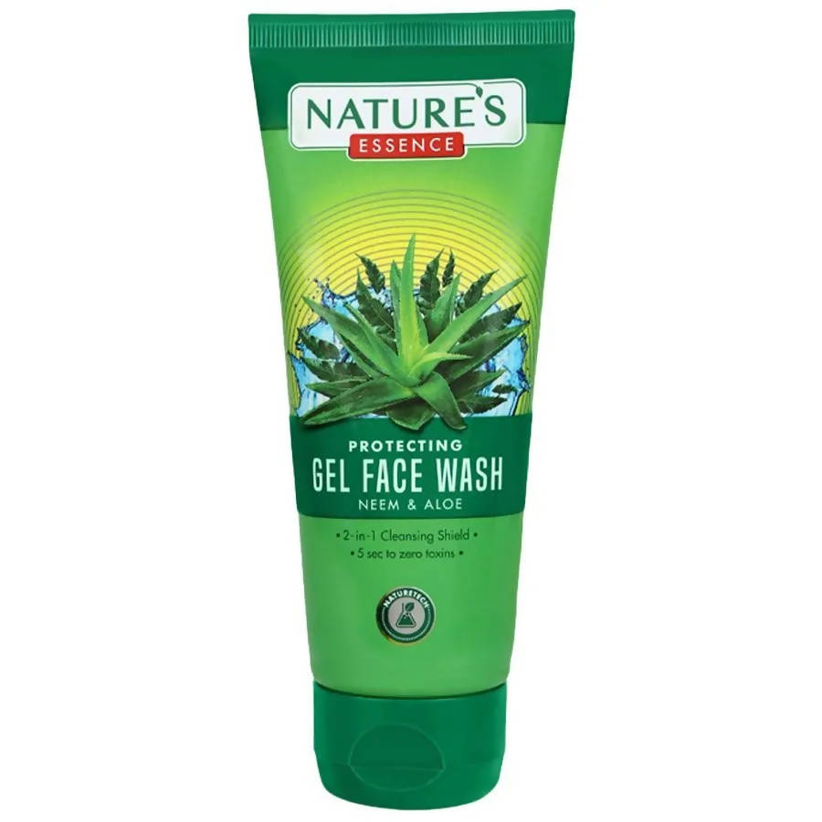 Green tube of Nature's Essence gel face wash with aloe vera illustration on a white background