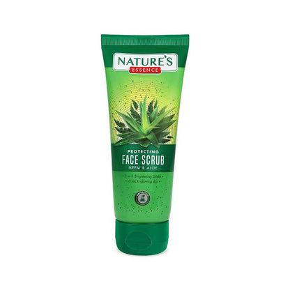 Green tube of Nature's Essence Face Scrub with aloe vera on a white background