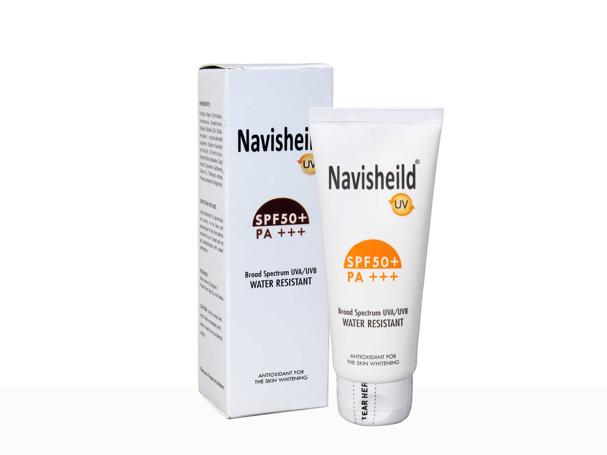 Navisheild sunscreen tube and packaging on a white background