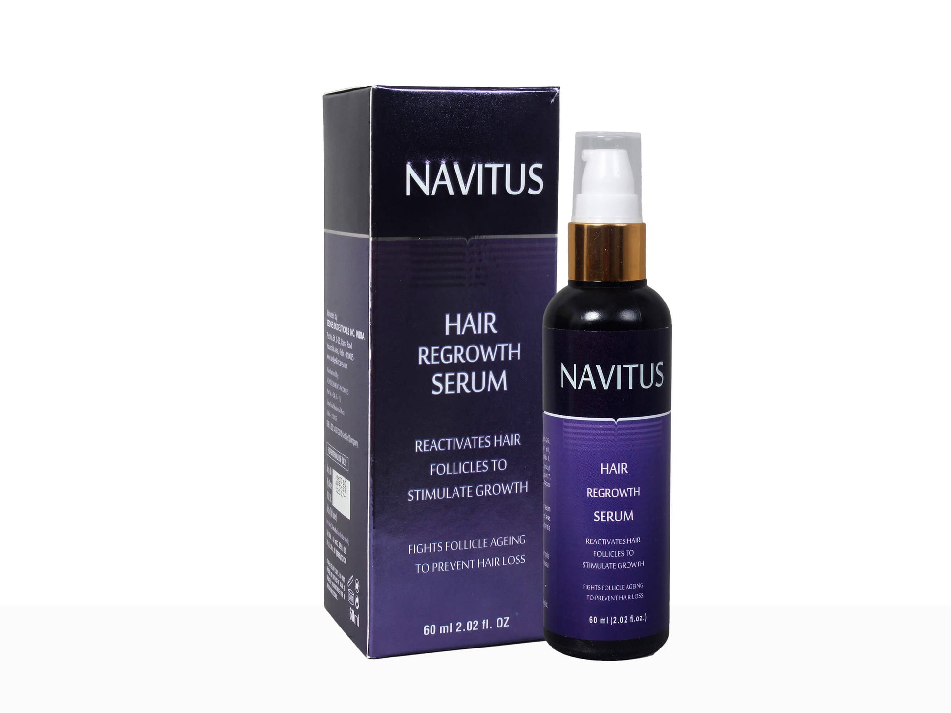 Navitus hair regrowth serum bottle and packaging on a white background