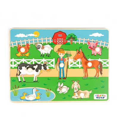 Children's farm-themed puzzle with farm animals and a farmer on a wooden board.