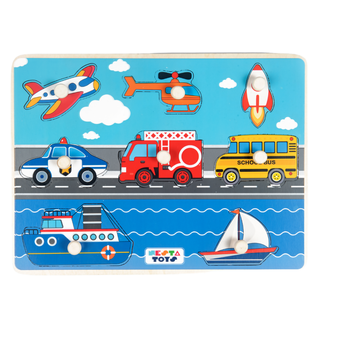 Children's toy puzzle with various vehicles on a blue background