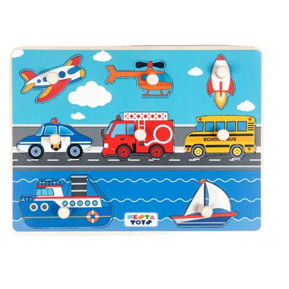Children's toy puzzle with various vehicles on a blue background