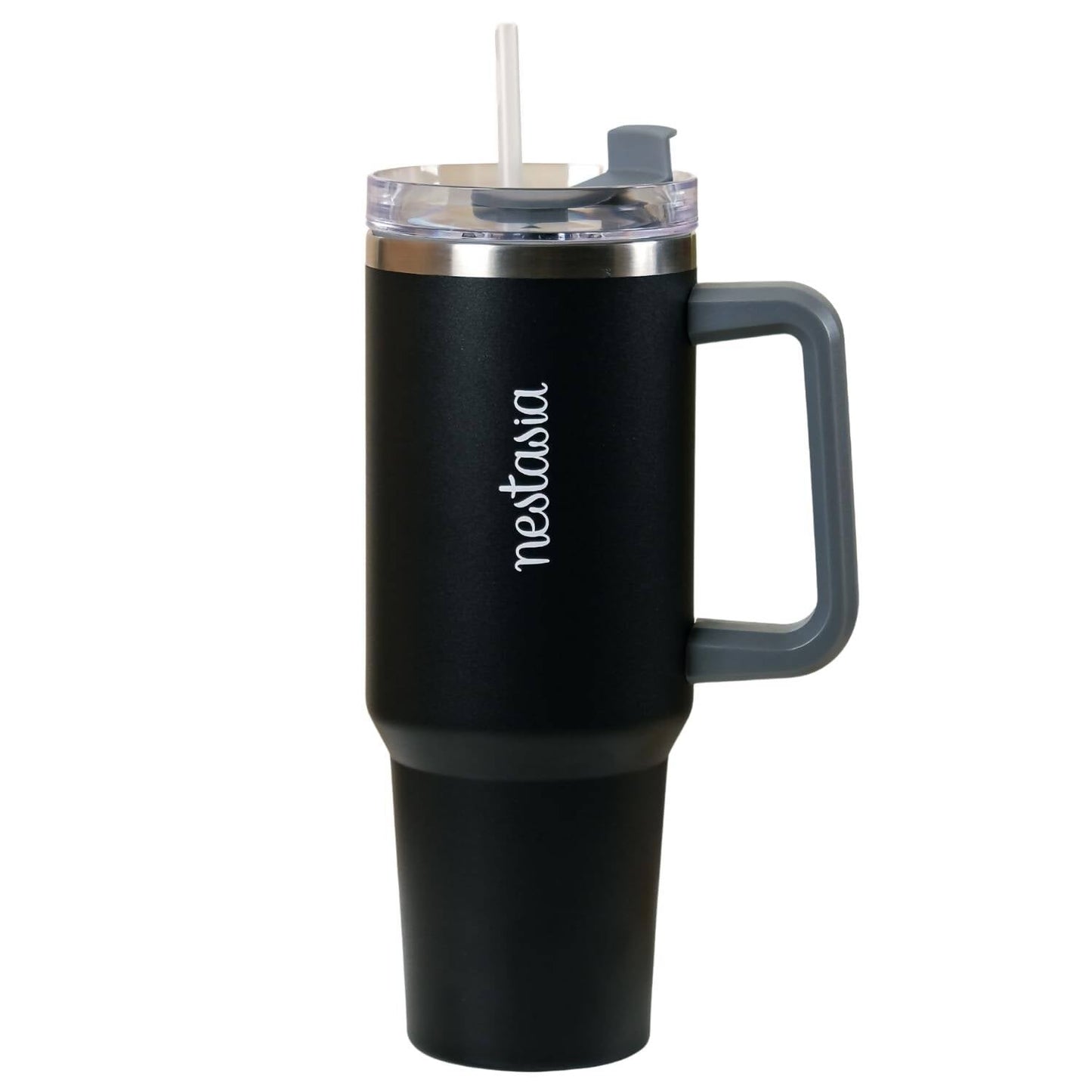 Black insulated tumbler with handle and straw lid on a white background