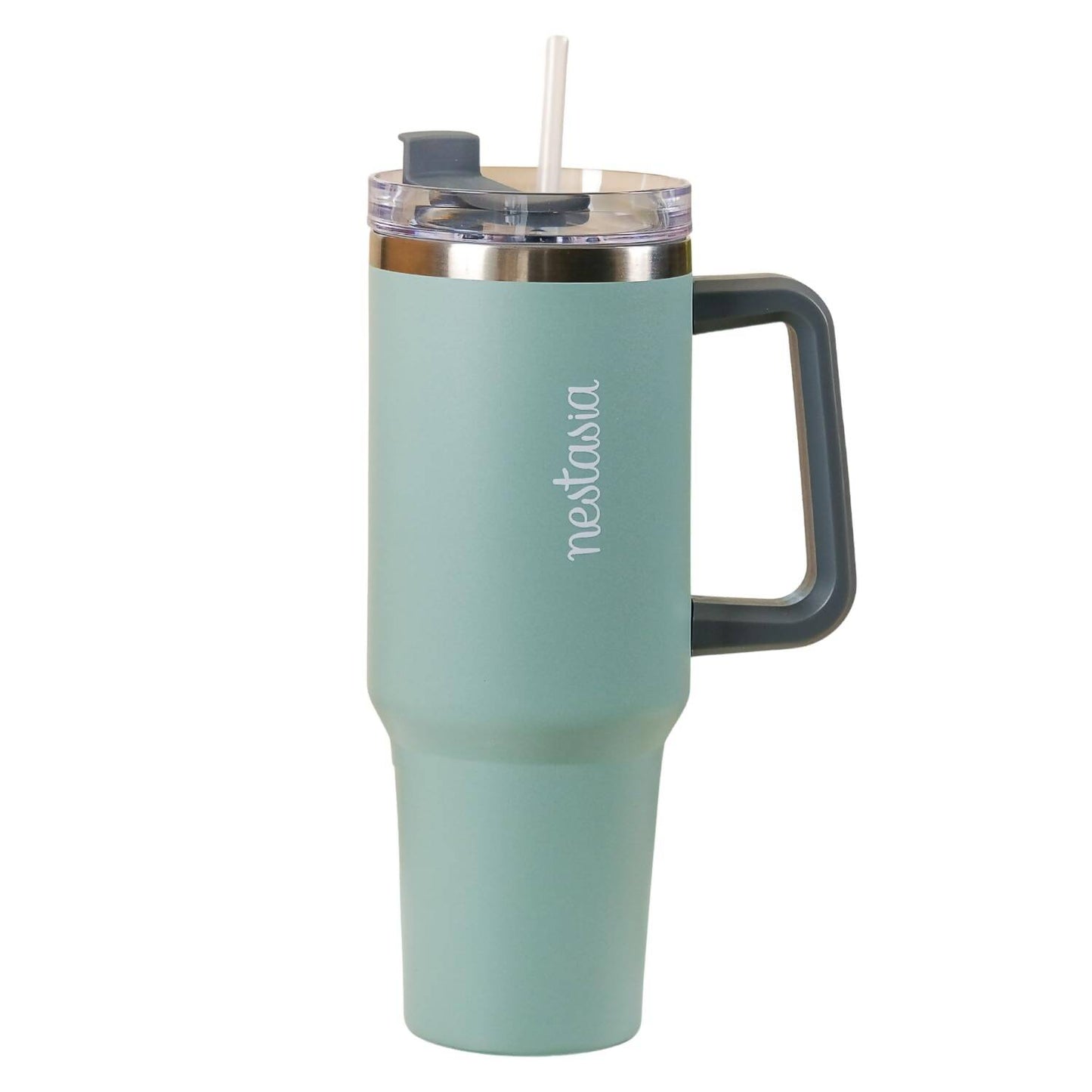 Mint green travel mug with handle and straw lid on a white background