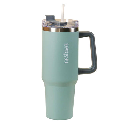 Mint green travel mug with handle and straw lid on a white background