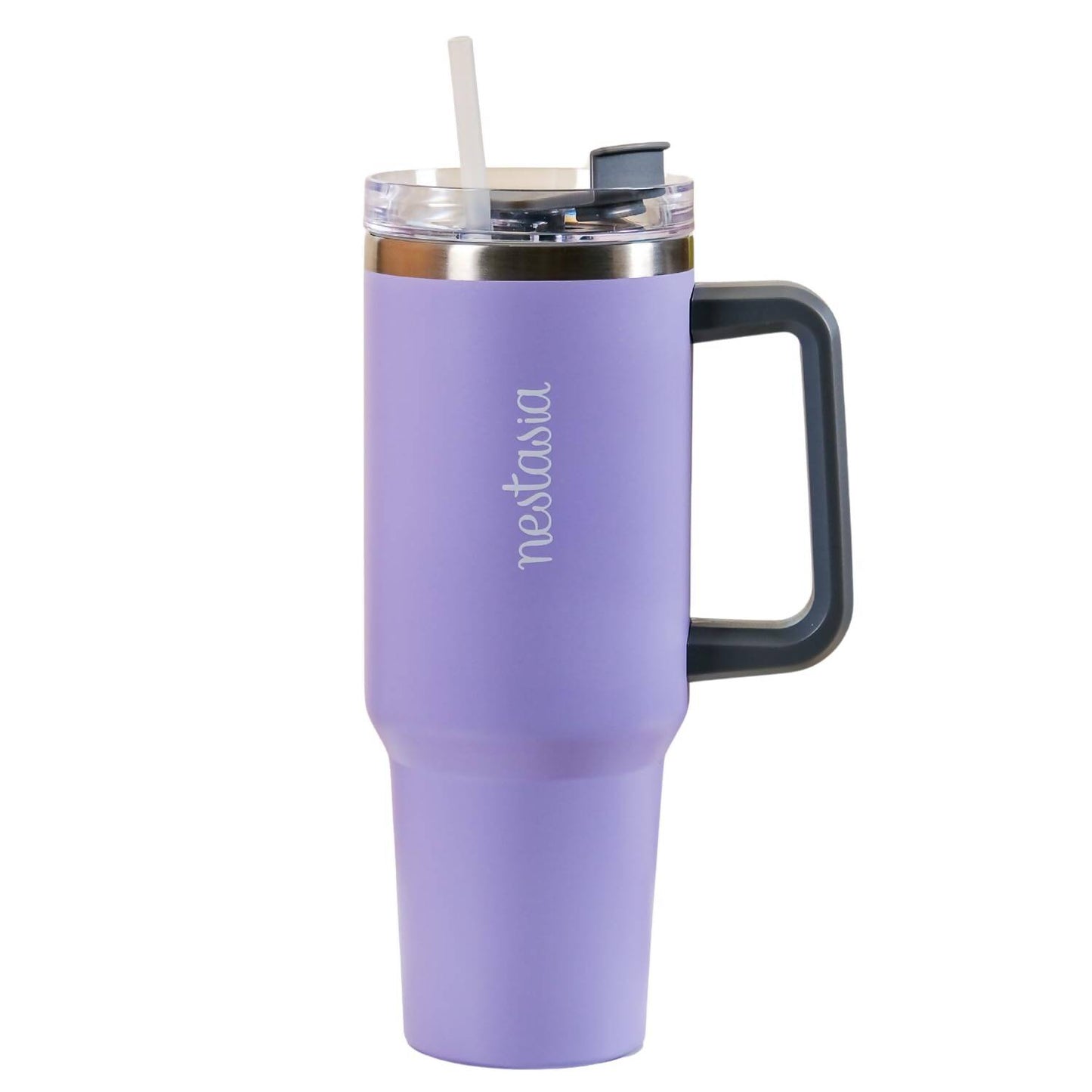 Purple insulated tumbler with handle and straw on a white background