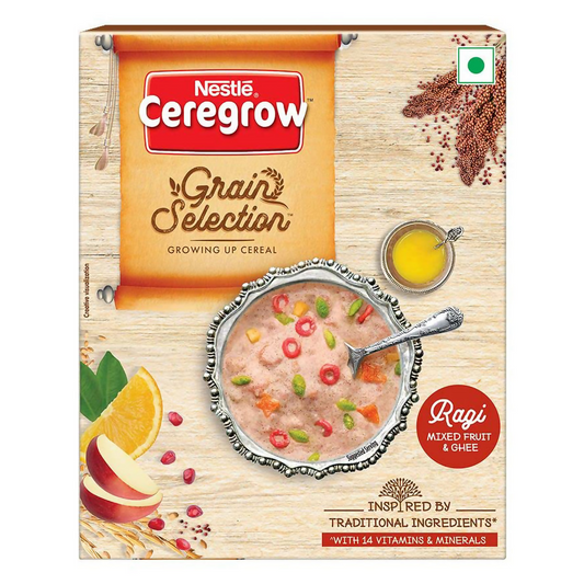 Nestle Ceregrow Grain Selection cereal packaging with a bowl of cereal and fruit illustration.