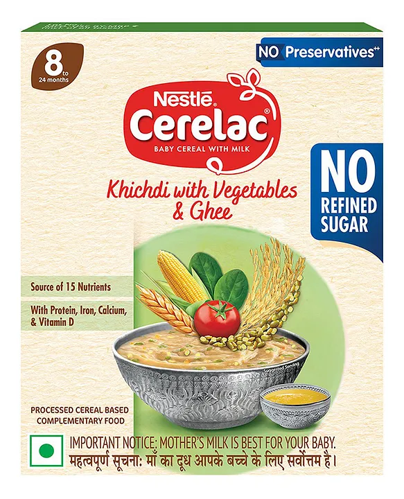 Nestle Cerelac baby cereal box with vegetables and ghee on a beige background