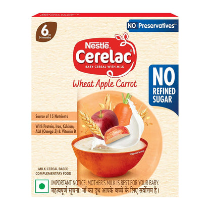 Nestle Cerelac Wheat Apple Carrot baby cereal packaging on a white background
