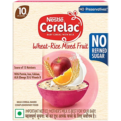 Nestle Cerelac wheat-rice mixed fruit baby cereal packaging on a white background
